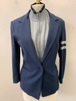 Womens, Blazer, BAILEY 44, Navy Blue, Gray, Viscose, Polyester, Solid, Sz.4, Single Breasted Blazer with Detachable Heather Gray Jersey Panel with Zip Front, Ribbed Mock Neck, Blazer Portion Has Notched Lapel, 1 Button, 2 Welt Pockets, 2 Gray Twill Stripes at Upper Arm