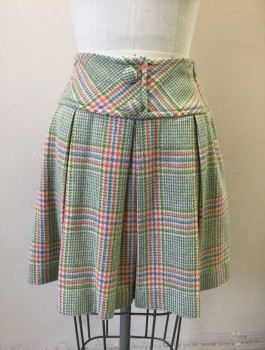 Womens, Skirt, N/L, Beige, Lime Green, Salmon Pink, Periwinkle Blue, Wool, Plaid-  Windowpane, W:24, Dropped Waist with 3.5" Wide Yoke, Pleated, 2 Decorative Self Fabric Buttons at Front, Side Zipper, Hem Above Knee,
