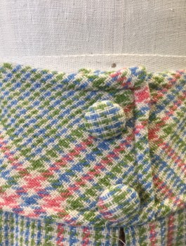 N/L, Beige, Lime Green, Salmon Pink, Periwinkle Blue, Wool, Plaid-  Windowpane, Dropped Waist with 3.5" Wide Yoke, Pleated, 2 Decorative Self Fabric Buttons at Front, Side Zipper, Hem Above Knee,