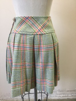 N/L, Beige, Lime Green, Salmon Pink, Periwinkle Blue, Wool, Plaid-  Windowpane, Dropped Waist with 3.5" Wide Yoke, Pleated, 2 Decorative Self Fabric Buttons at Front, Side Zipper, Hem Above Knee,