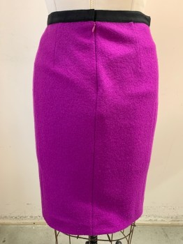 Womens, Skirt, Below Knee, DKNY, Magenta Purple, Wool, Solid, 10, Black Waistband, Pencil Skirt, Zip Back