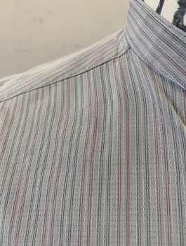 Mens, Shirt 1890s-1910s, ANTO MTO, Gray, Charcoal Gray, Mauve Pink, Cotton, Stripes - Pin, Slv:32, N:15.5, Long Sleeves, Button Front, Band Collar, Top Button Hole Requires Shirt Stud (Not Included), French Cuffs, Made To Order