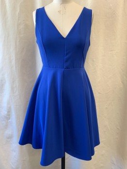 Womens, Cocktail Dress, MARCO POLO, Royal Blue, Polyester, Spandex, Solid, W: 28, B: 34, V-neck, A-Line, Sleeveless, Zip Back, Pleated Skirt, Hem Above the Knee
