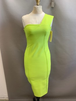 Womens, Dress, Sleeveless, N/L, Neon Green, Polyester, Spandex, Solid, S, Side Zip, One Shoulder Strap, Body Contour