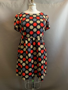 Womens, Dress, Short Sleeve, FOREVER 21, Black, Multi-color, Polyester, Polka Dots, 2X, Scoop Neck, Side Zipper, Criss Cross Cutouts at Back, Beige, Gray, and Red Polka Dots