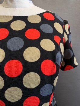 Womens, Dress, Short Sleeve, FOREVER 21, Black, Multi-color, Polyester, Polka Dots, 2X, Scoop Neck, Side Zipper, Criss Cross Cutouts at Back, Beige, Gray, and Red Polka Dots