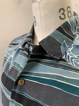 TOMMY BAHAMA, Gray, Slate Blue, Cream, Silk, Floral, Stripes - Horizontal , Tropical Flowers, S/S, Button Front, C.A.