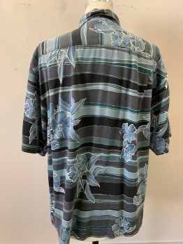 TOMMY BAHAMA, Gray, Slate Blue, Cream, Silk, Floral, Stripes - Horizontal , Tropical Flowers, S/S, Button Front, C.A.