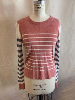 VERONICA BEARD, Red, White, Lt Gray, Dk Gray, Linen, Nylon, Stripes, Red and White Stripe Body, Gray and White Stripe Long Sleeves, Crew Neck, Red Cuffs