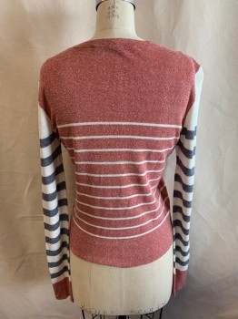 VERONICA BEARD, Red, White, Lt Gray, Dk Gray, Linen, Nylon, Stripes, Red and White Stripe Body, Gray and White Stripe Long Sleeves, Crew Neck, Red Cuffs