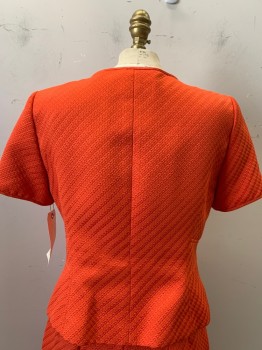 TAHARI, Orange, Poly/Cotton, Spandex, Solid, Stripes - Diagonal , Openwork Detail, Jewel Neck, 4 Button Front, Textured Self Cheveron Like Diagnol Stripe, Short Sleeves,