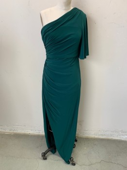 Womens, Evening Gown, ADRIANNA PAPELL, Forest Green, Polyester, W: 26, B: 34, Sz. 6, One Shoulder, Ruched to Left Side, Butterfly Sleeve, Zip Side, Slit at  RightSide, Floor Length Hem