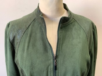 Womens, Casual Jacket, ALBERTO MAKALI, Dk Green, Forest Green, Polyester, Spandex, Solid, Animal Print, B36, 6, Faux Suede (Moleskin), Faux Snake Skin, Zip Front, 2 Zipper Pockets, Curved Center Back Vent,