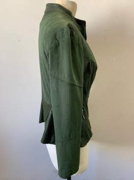Womens, Casual Jacket, ALBERTO MAKALI, Dk Green, Forest Green, Polyester, Spandex, Solid, Animal Print, B36, 6, Faux Suede (Moleskin), Faux Snake Skin, Zip Front, 2 Zipper Pockets, Curved Center Back Vent,