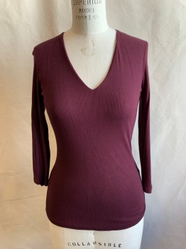 INC., Red Burgundy, Rayon, Spandex, Solid, Ribbed Knit, V-neck, 3/4 Sleeve
