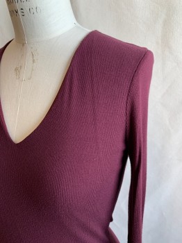 INC., Red Burgundy, Rayon, Spandex, Solid, Ribbed Knit, V-neck, 3/4 Sleeve
