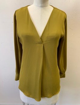 ANN TAYLOR, Pea Green, Polyester, Spandex, Solid, Crepe, Pullover, 3/4 Sleeves, V-Neck With Small Crossover