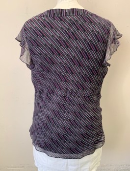 ALFANI, Black, Purple, Gray, Silk, Abstract , Circles, Chiffon, Cap Sleeves, Surplice V-neck with Self Ruffle, Empire Waist, Pullover, with Invisible Zipper at Side Seam