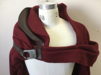 Unisex, Sci-Fi/Fantasy Cape/Cloak, MTO, Cranberry Red, Brown, Silver, Wool, Leather, Solid, Boiled Wool, Asymmetrical, Exaggerated Collar, Snaps, Small Slits in Back, Woven Cotton Back Yoke Lining to Center on Shoulders, Works with Black Vest FC002624 If Desired.