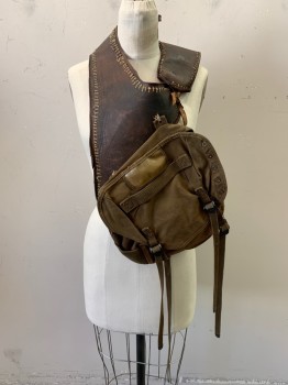 Unisex, Sci-Fi/Fantasy Harness, NL, Brown, Leather, Beige Stitching, Messenger Style Attached Pouch, Straps & Buckles