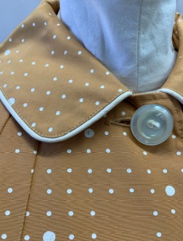 N/L, Apricot Orange, White, Cotton, Nylon, Dots, Treated/Waxed Fabric, Cream Piping, Peter Pan Collar, 4 Large Buttons at Front, Dropped Waist, 2 Welt Pockets, Calf Length/Below Knee
