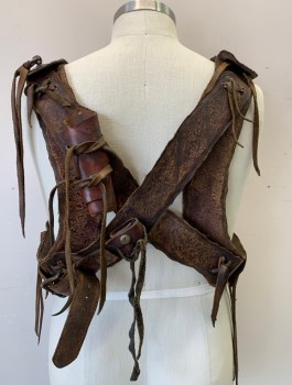 Mens, Harness, N/L MTO, Brown, Leather, XL, Aged Leather, X Crossed Straps in Back with Weapon Holster in Back, Grommets with Self Leather Ties, Hidden Velcro Closures at Sides and Straps, Made To Order