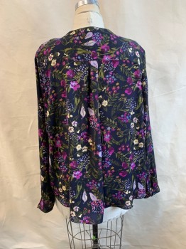 AVA & VIV, Purple, Multi-color, Polyester, Floral, Band Collar, V-N, L/S, Navy BG, Purple and Lilac Floral Pattern with Small Blue Flowers and Green Stems