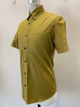 ANTO, Gold, Silk, Polyester, Solid, S/S, Button Front, Collar Attached, Chest Pocket
