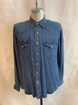 Mens, Western, RYAN MICHAEL, Denim Blue, Tencel, Solid, L, Collar Attached, Snap Front, Long Sleeves, 2 Pockets