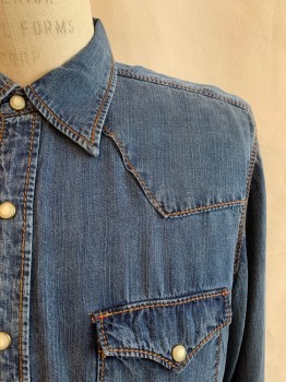 Mens, Western, RYAN MICHAEL, Denim Blue, Tencel, Solid, L, Collar Attached, Snap Front, Long Sleeves, 2 Pockets