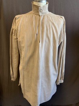 Mens, Historical Fiction Shirt, N/L MTO, Ecru, Taupe, Cotton, Stripes - Vertical , N:16.5, L, Long Puffy Sleeves Gathered at Shoulders, Stand Collar with 2 Buttons, V Notch at Neck, Pullover, Aged, Mended at Back Shoulders, Made To Order