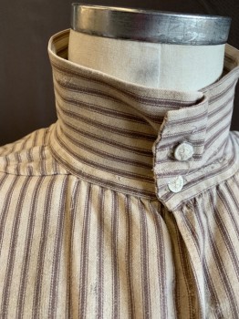 Mens, Historical Fiction Shirt, N/L MTO, Ecru, Taupe, Cotton, Stripes - Vertical , N:16.5, L, Long Puffy Sleeves Gathered at Shoulders, Stand Collar with 2 Buttons, V Notch at Neck, Pullover, Aged, Mended at Back Shoulders, Made To Order