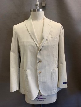 POLO RALPH LAUREN, Lt Beige, Cotton, Elastane, Solid, Single Breasted, 3 Buttons, Notched Lapel, 3 Pockets, 2 Back Vents