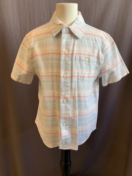 HOPE & HENRY, Lt Blue, Lt Pink, White, Linen, Cotton, Faded, Button Front, Collar Attached, 1 Pocket, Short Sleeves