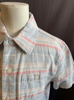 Childrens, Shirt, HOPE & HENRY, Lt Blue, Lt Pink, White, Linen, Cotton, Faded, M, Button Front, Collar Attached, 1 Pocket, Short Sleeves