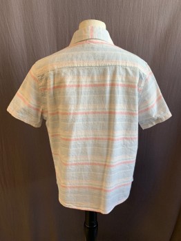 Childrens, Shirt, HOPE & HENRY, Lt Blue, Lt Pink, White, Linen, Cotton, Faded, M, Button Front, Collar Attached, 1 Pocket, Short Sleeves