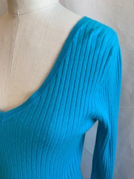 SAKS FIFTH AVENUE, Turquoise Blue, Cashmere, Solid, Ribbed Knit, V-neck, Long Sleeves
