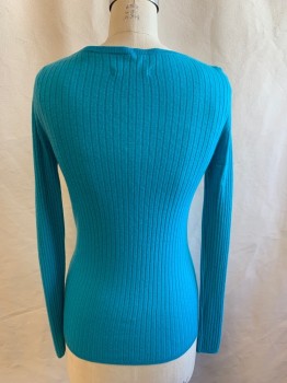 SAKS FIFTH AVENUE, Turquoise Blue, Cashmere, Solid, Ribbed Knit, V-neck, Long Sleeves