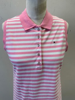 TOMMY HILFIGER, Pink, White, Cotton, Elastane, Stripes - Horizontal , Pullover, C.A., 1/4 Button Front, Hem at Knee