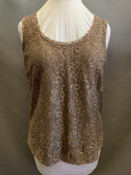 JONES COLLECTION, Tan Brown, Silver, Nylon, Metallic/Metal, Floral, Solid, Tan Floral Lace with Silver Tinsel, Tan Solid Lining, Scoop Neck, Sleeveless