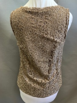 JONES COLLECTION, Tan Brown, Silver, Nylon, Metallic/Metal, Floral, Solid, Tan Floral Lace with Silver Tinsel, Tan Solid Lining, Scoop Neck, Sleeveless