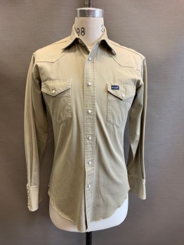 Mens, Western, WRANGLER, Khaki Brown, Cotton, 14/33, Collar Attached, Snap Front, Long Sleeves, 2 Pockets, "W" Shape Khaki Stitching on Pockets, Raw Edge  *Multple Stains