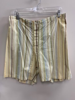 NORDSTROM, Lt Yellow, Blue-Gray, Green, Brown, Butter Yellow, Cotton, Stripes - Vertical , Shorts, Button Up Fly, Drawstring At Waist