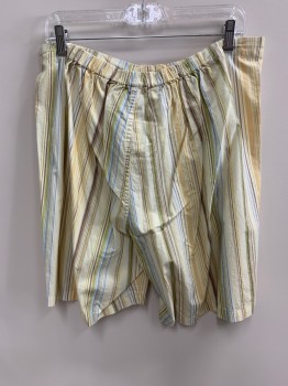 NORDSTROM, Lt Yellow, Blue-Gray, Green, Brown, Butter Yellow, Cotton, Stripes - Vertical , Shorts, Button Up Fly, Drawstring At Waist