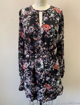 AQUA, Black, White, Periwinkle Blue, Lt Pink, Coral Orange, Polyester, Floral, Chiffon, Long Sleeves, Round Neck with Keyhole Center Front, Elastic Waist, Hem Above Knee
