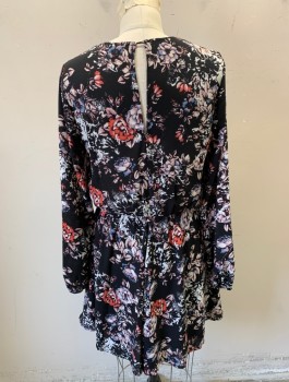 AQUA, Black, White, Periwinkle Blue, Lt Pink, Coral Orange, Polyester, Floral, Chiffon, Long Sleeves, Round Neck with Keyhole Center Front, Elastic Waist, Hem Above Knee