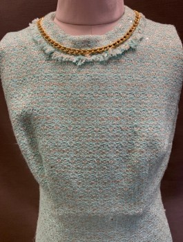 KATE SPADE, Mint Green, Silver, Acrylic, Polyester, Tweed, CN, Fringe Accent, Gold Chain Detail at Neck, Bk Gold Zipper.