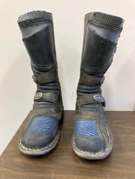 Mens, Sci-Fi/Fantasy Boots , N/L MTO, Black, Blue, Leather, Rubber, Sz.12, Tactical Futuristic Boots, Panels of Aged Leather, Silver Buckles at Sides, Text Stamped on Front "XY 29",  Just Below Knee Length, Made To Order, Multiples