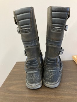 N/L MTO, Black, Blue, Leather, Rubber, Tactical Futuristic Boots, Panels of Aged Leather, Silver Buckles at Sides, Text Stamped on Front "XY 29",  Just Below Knee Length, Made To Order, Multiples