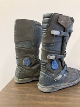 N/L MTO, Black, Blue, Leather, Rubber, Tactical Futuristic Boots, Panels of Aged Leather, Silver Buckles at Sides, Text Stamped on Front "XY 29",  Just Below Knee Length, Made To Order, Multiples